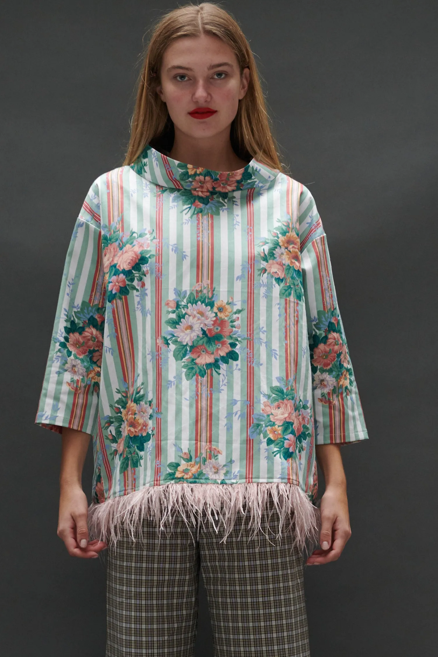 Abigail Coatdress in Floral Striped Upholstery with Ostrich Feather Trim sold by Batsheva