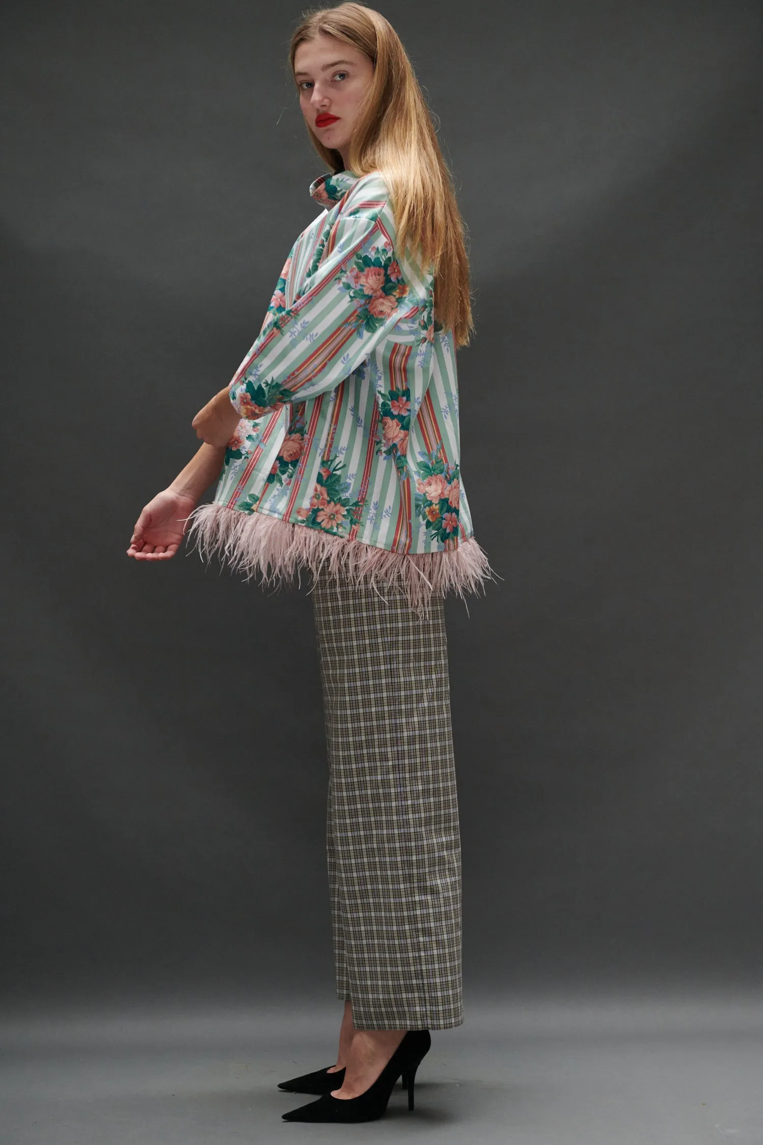 Abigail Coatdress in Floral Striped Upholstery with Ostrich Feather Trim sold by Batsheva product image thumbnail 5