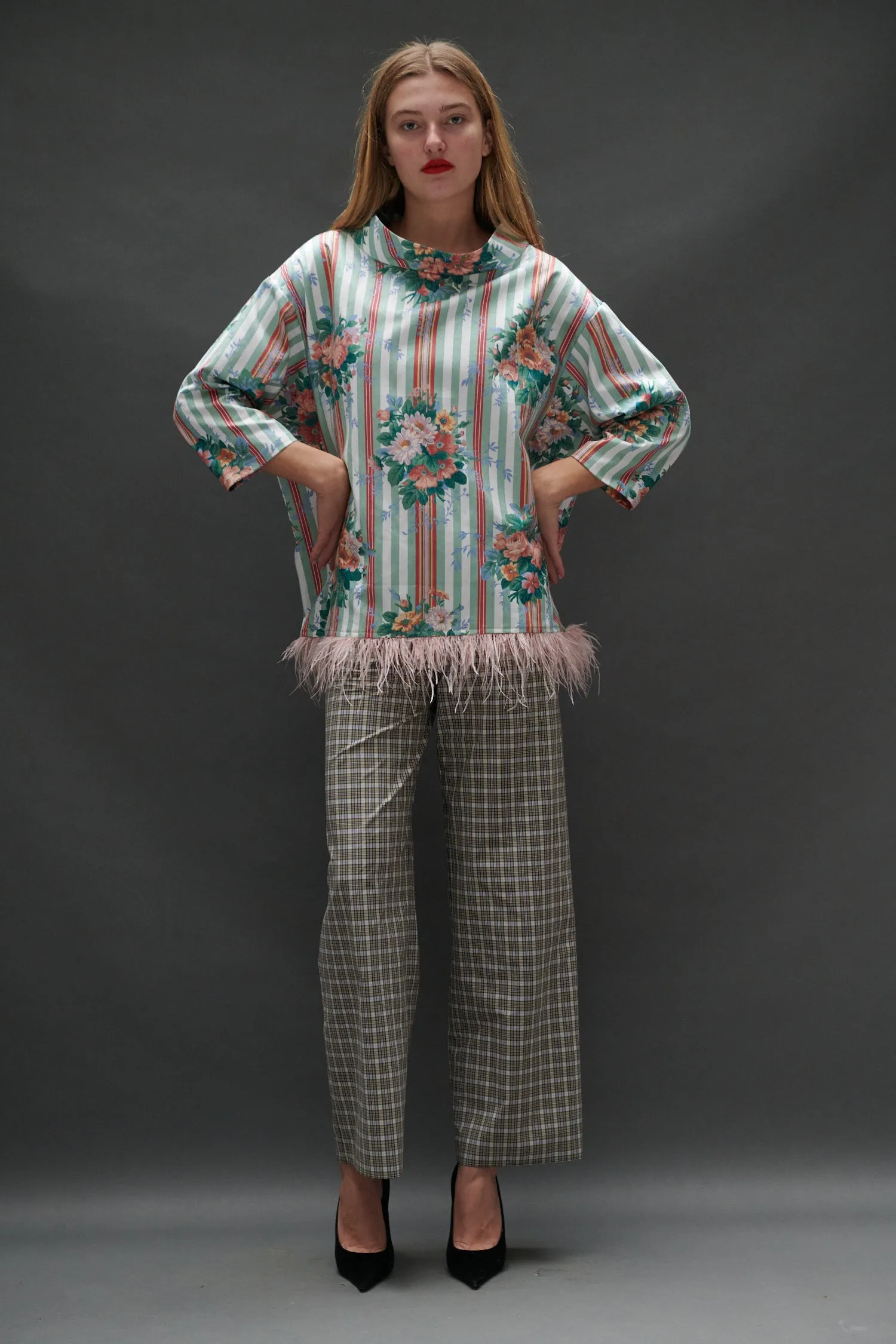 Abigail Coatdress in Floral Striped Upholstery with Ostrich Feather Trim sold by Batsheva product image thumbnail 2