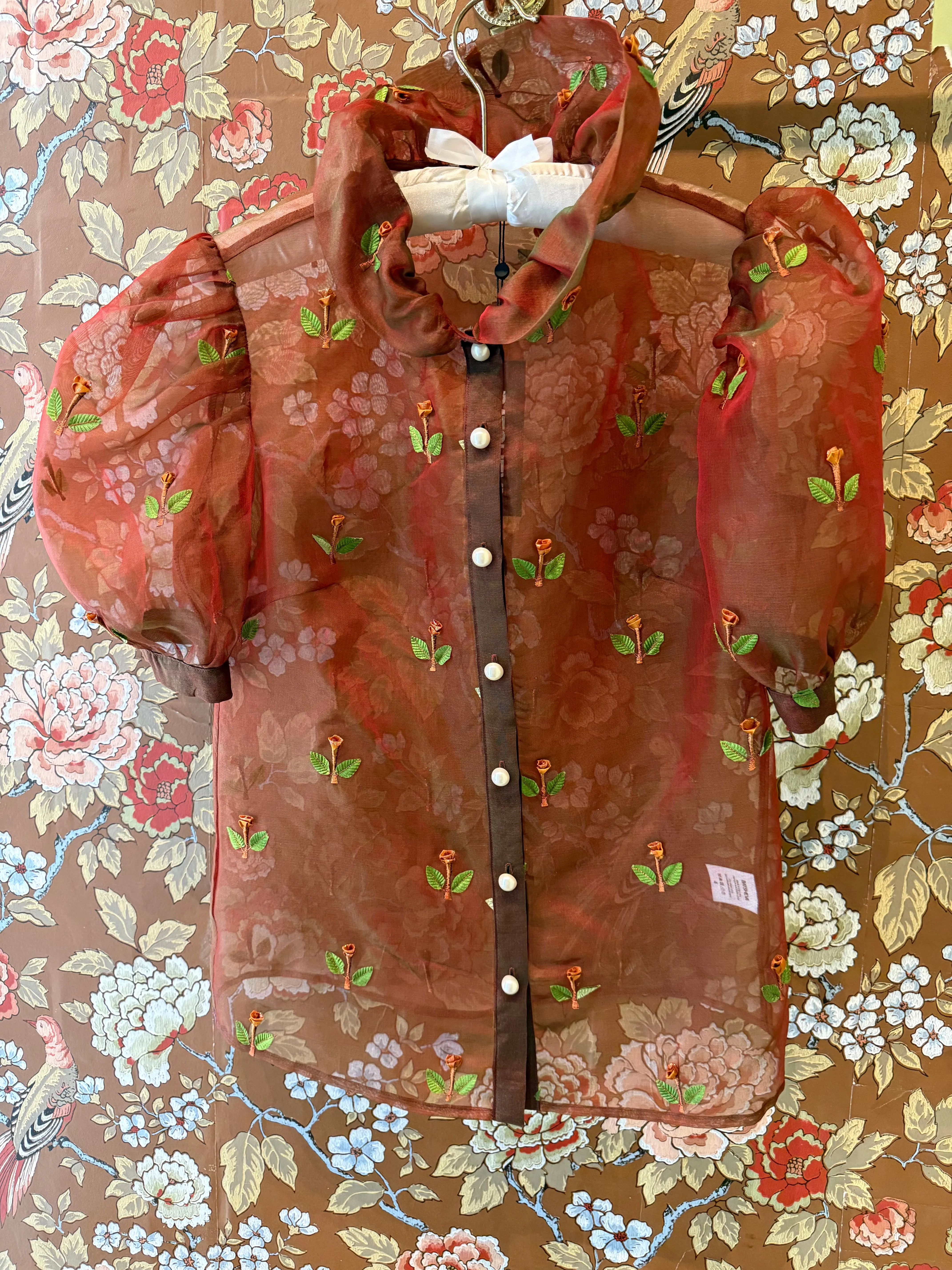 Lou Blouse in Burgundy Silk Organza sold by Batsheva