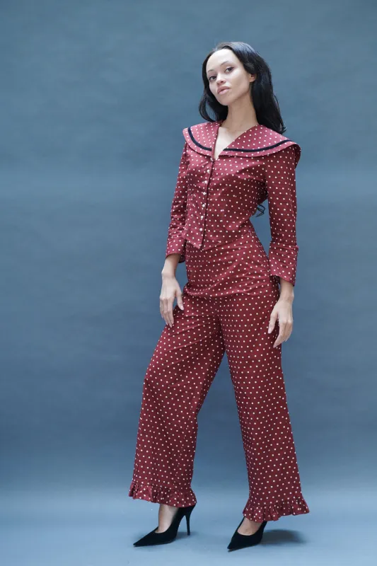 Ruffle Pant in Maroon Dots sold by Batsheva
