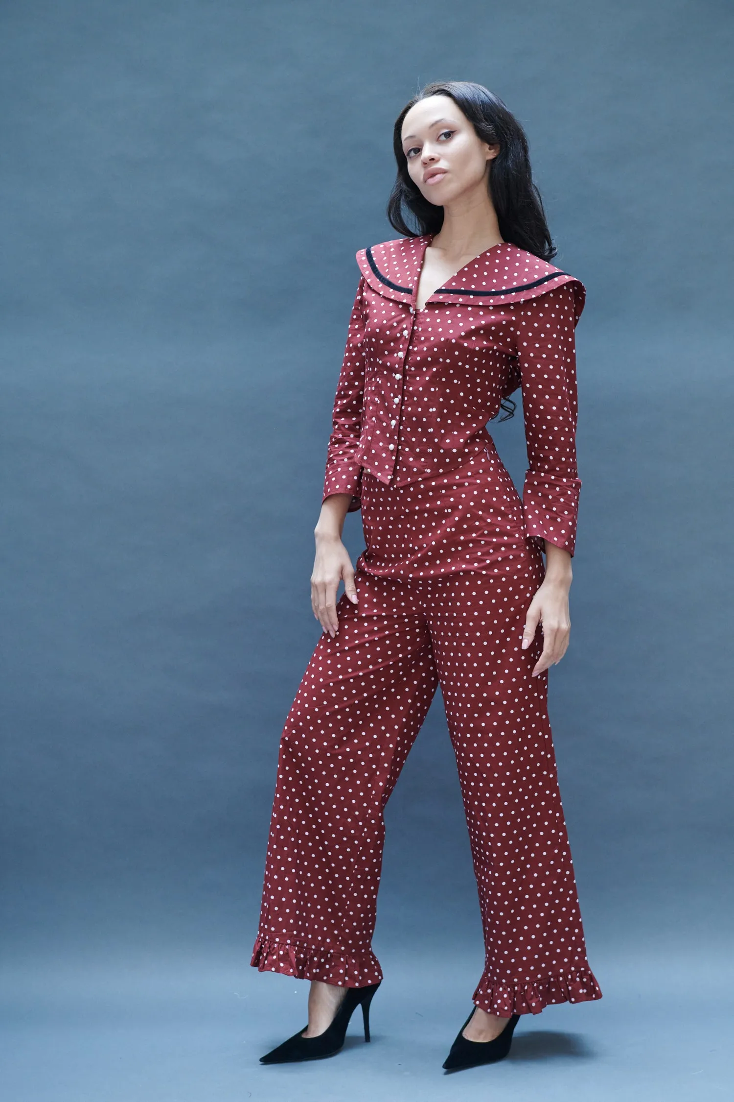 Ruffle Pant in Maroon Dots sold by Batsheva