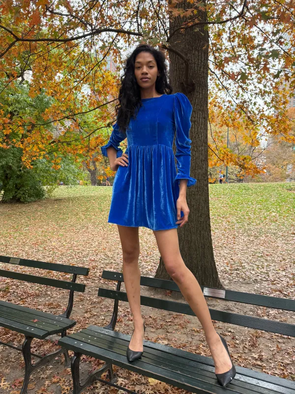 Square Neck Mini Prairie Dress in Blue Silk Velvet made by Batsheva