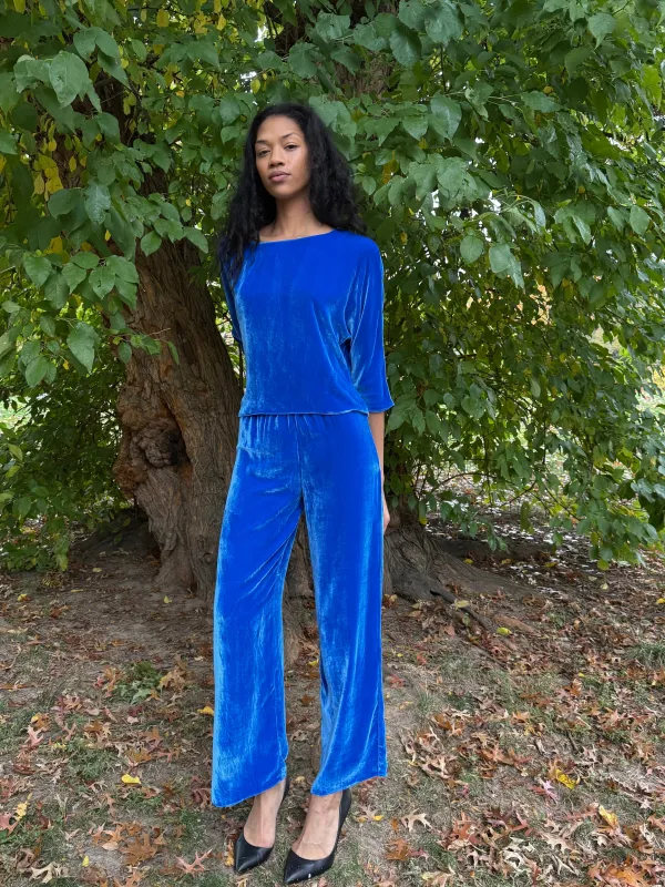 Erin Pant in Blue Silk Velvet made by Batsheva