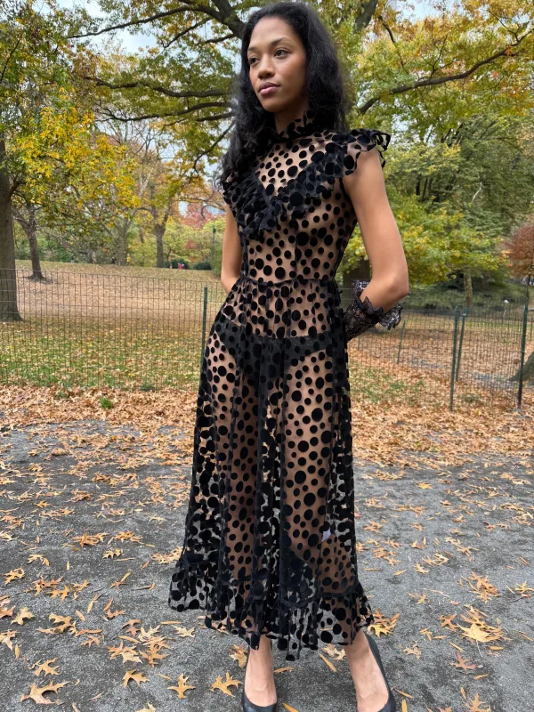 Caroline Dress in Black Flocked Dots sold by Batsheva