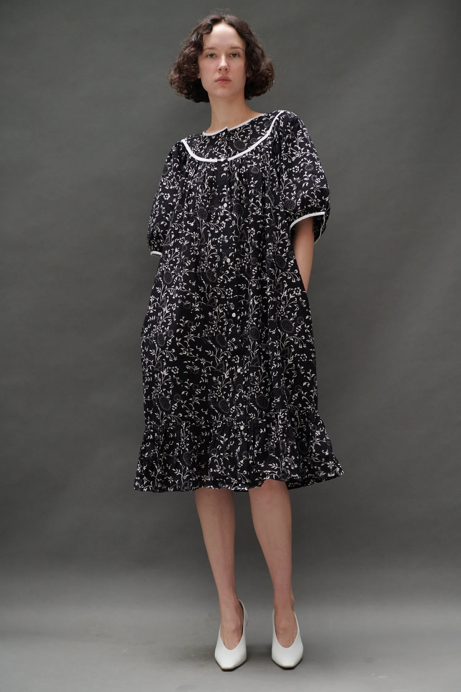 Snap Housedress in Black and White Floral sold by Batsheva