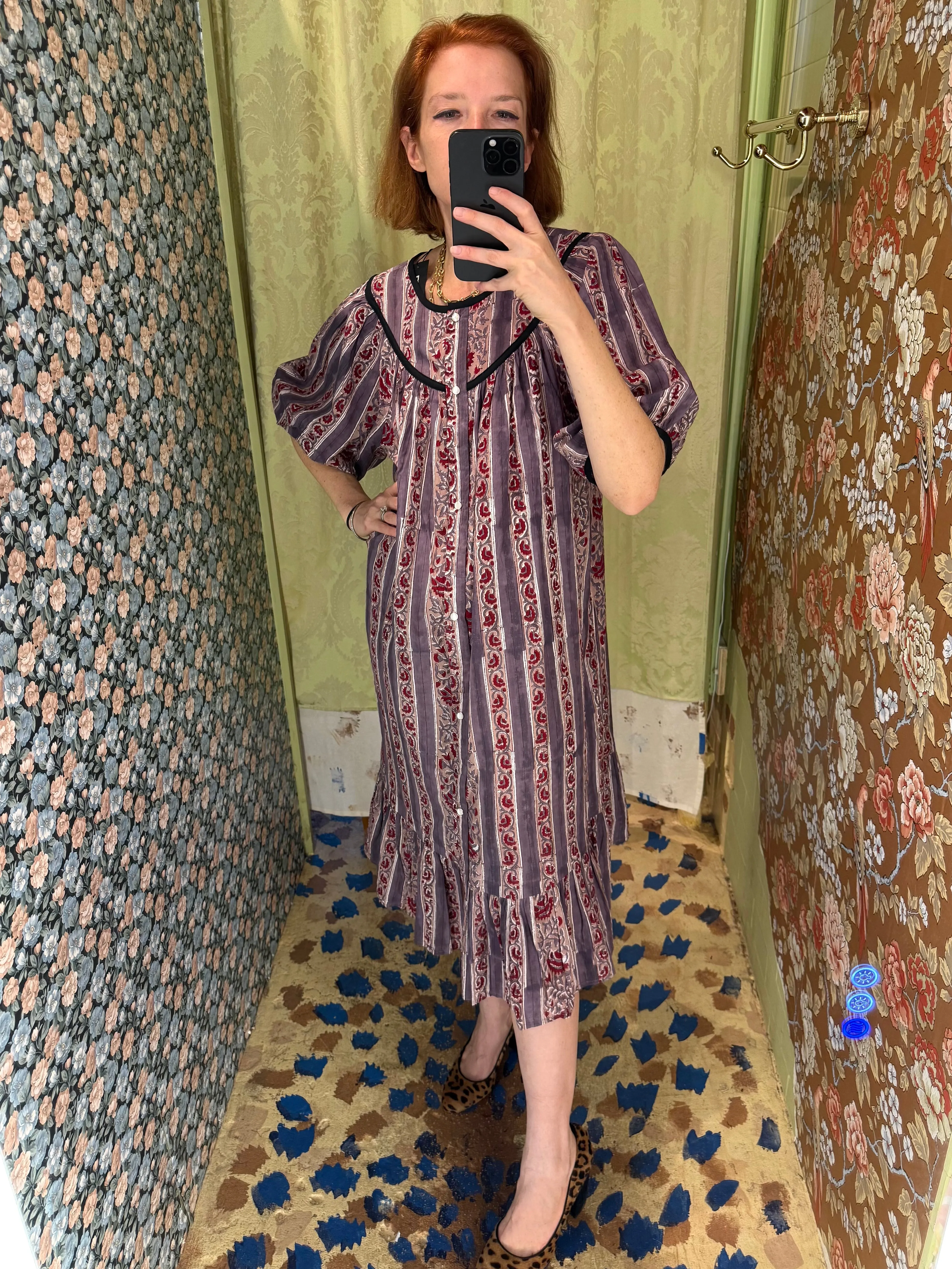 Snap Housedress in Grape Floral with Stripes sold by Batsheva