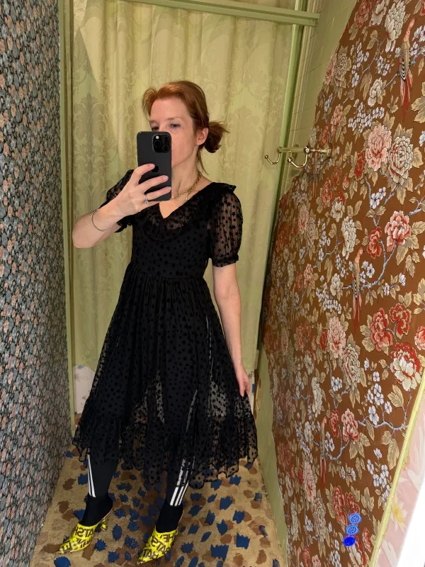 Ruffle May Dress in Black Flocked Star sold by Batsheva