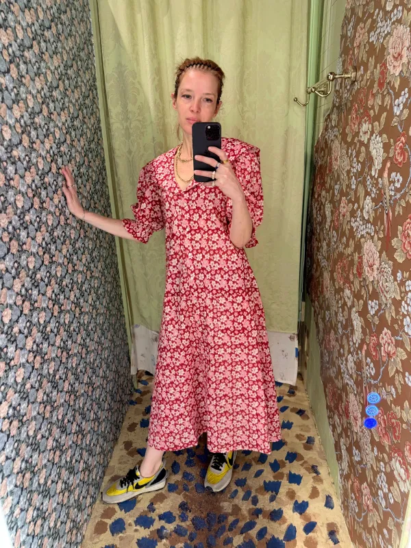 Sailor Snap Housedress in Pink and Red Floral made by Batsheva