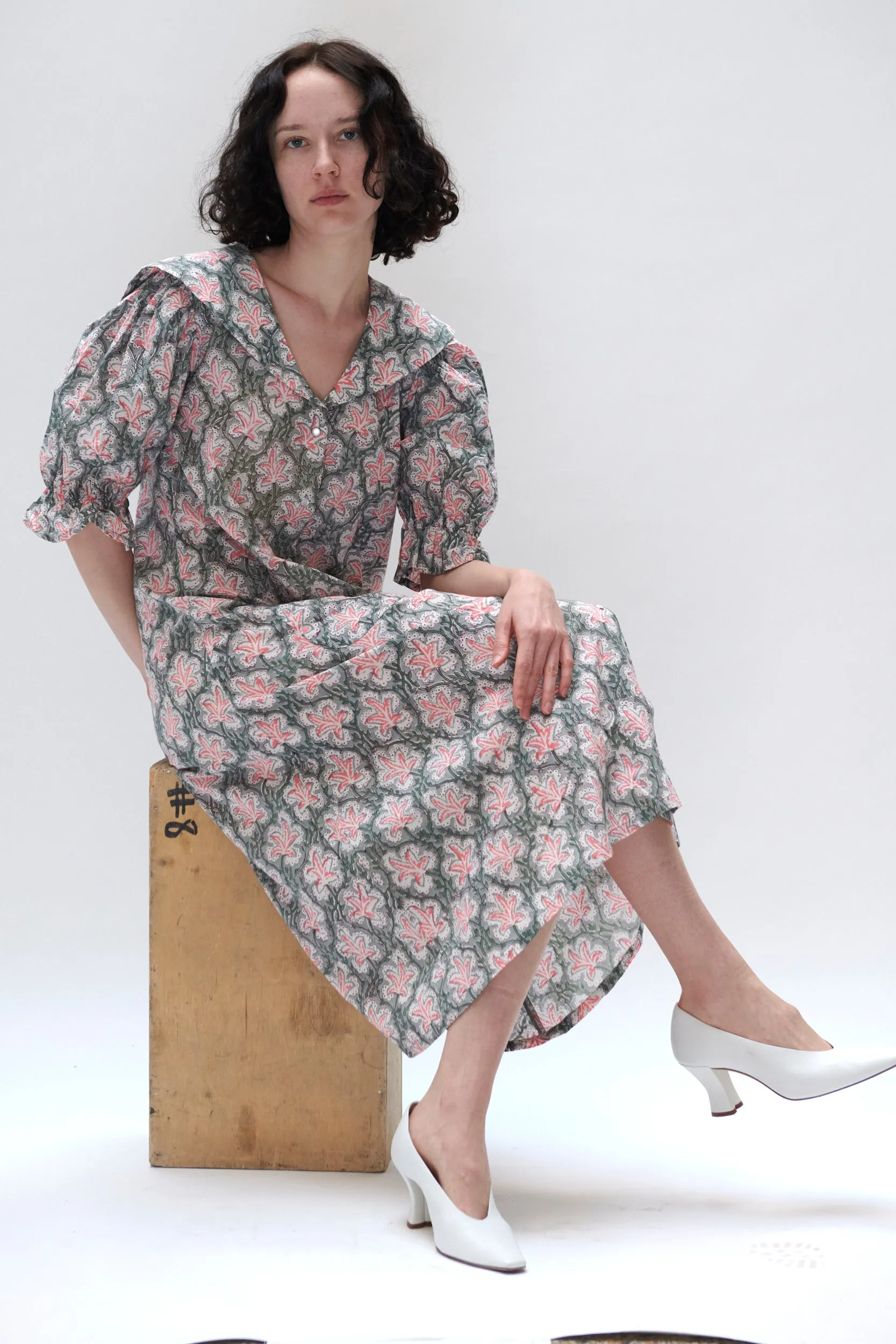 Sailor Snap Housedress in Grey and Peach Floral sold by Batsheva