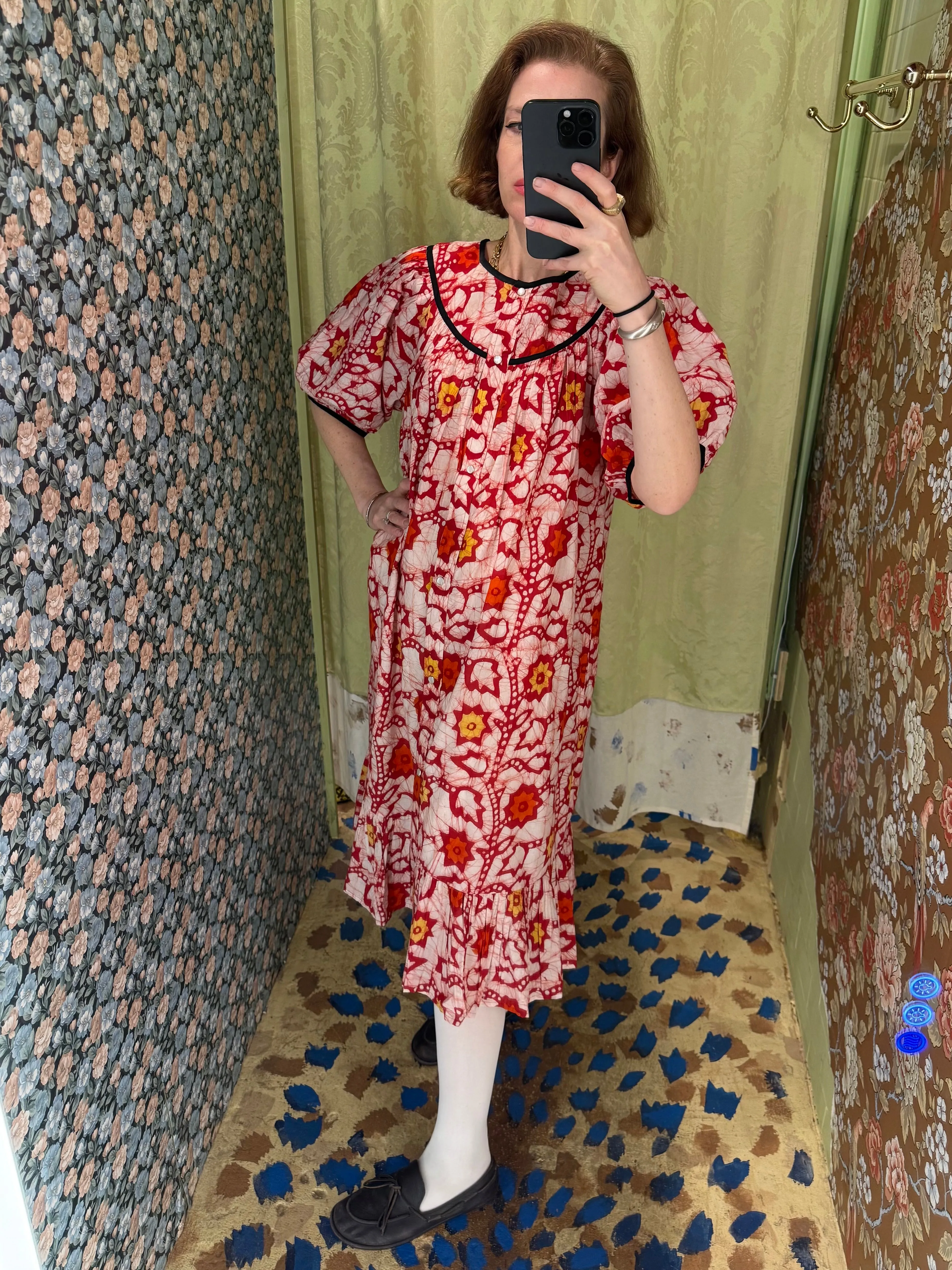 Snap Housedress in Red Batik Floral sold by Batsheva