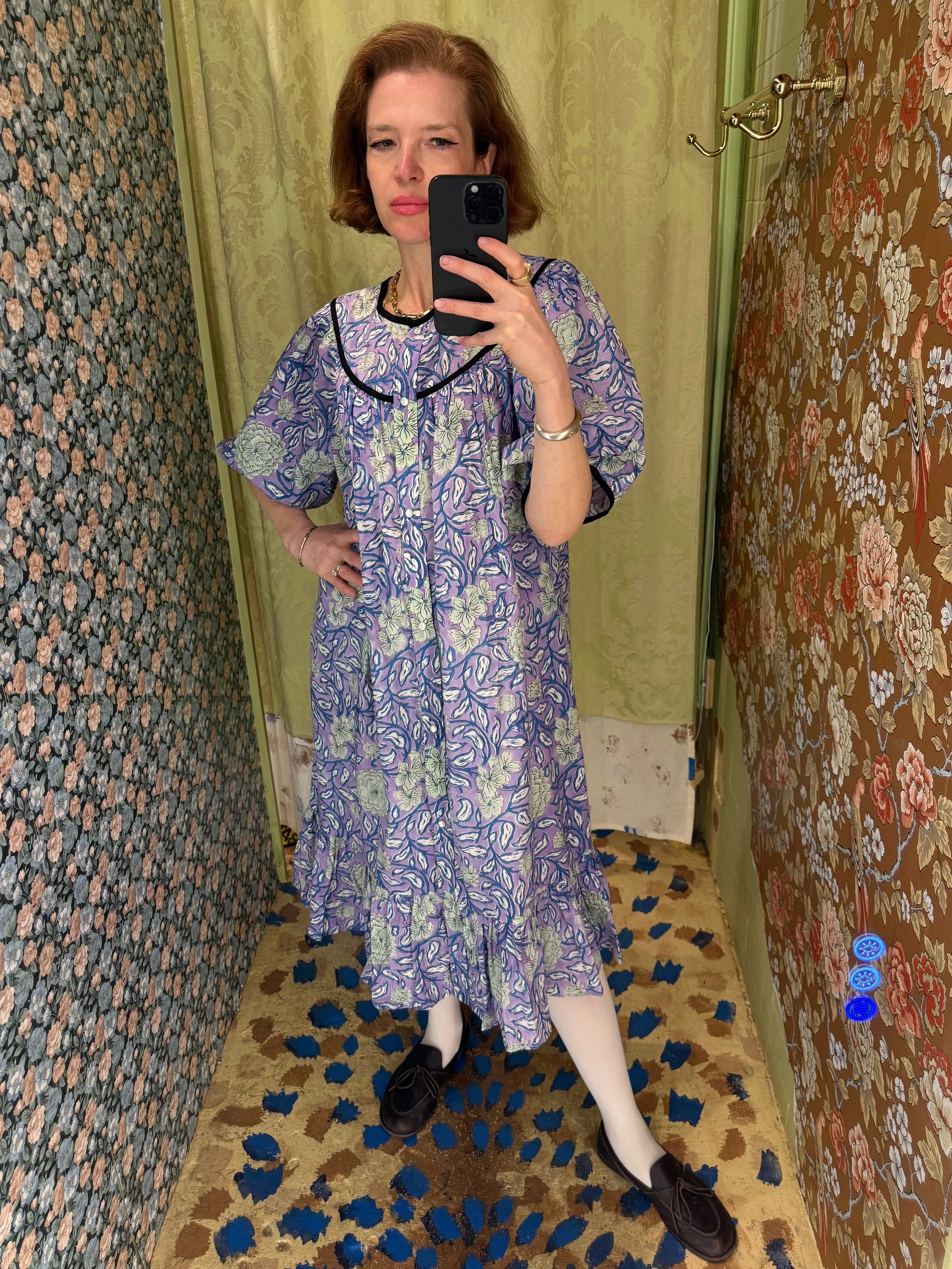 Snap Housedress in Purple and Mint Floral sold by Batsheva