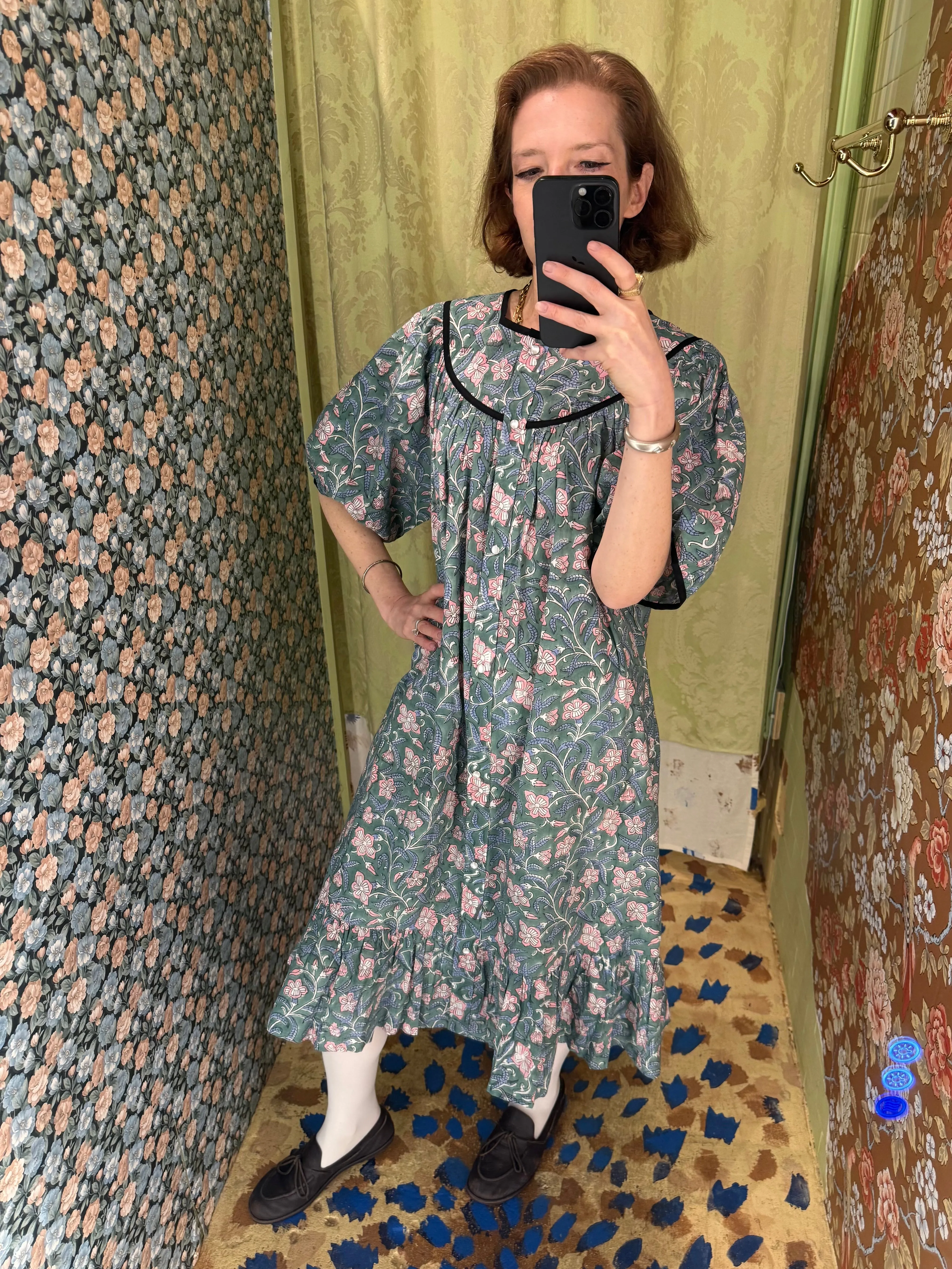 Snap Housedress in Green and Pink sold by Batsheva