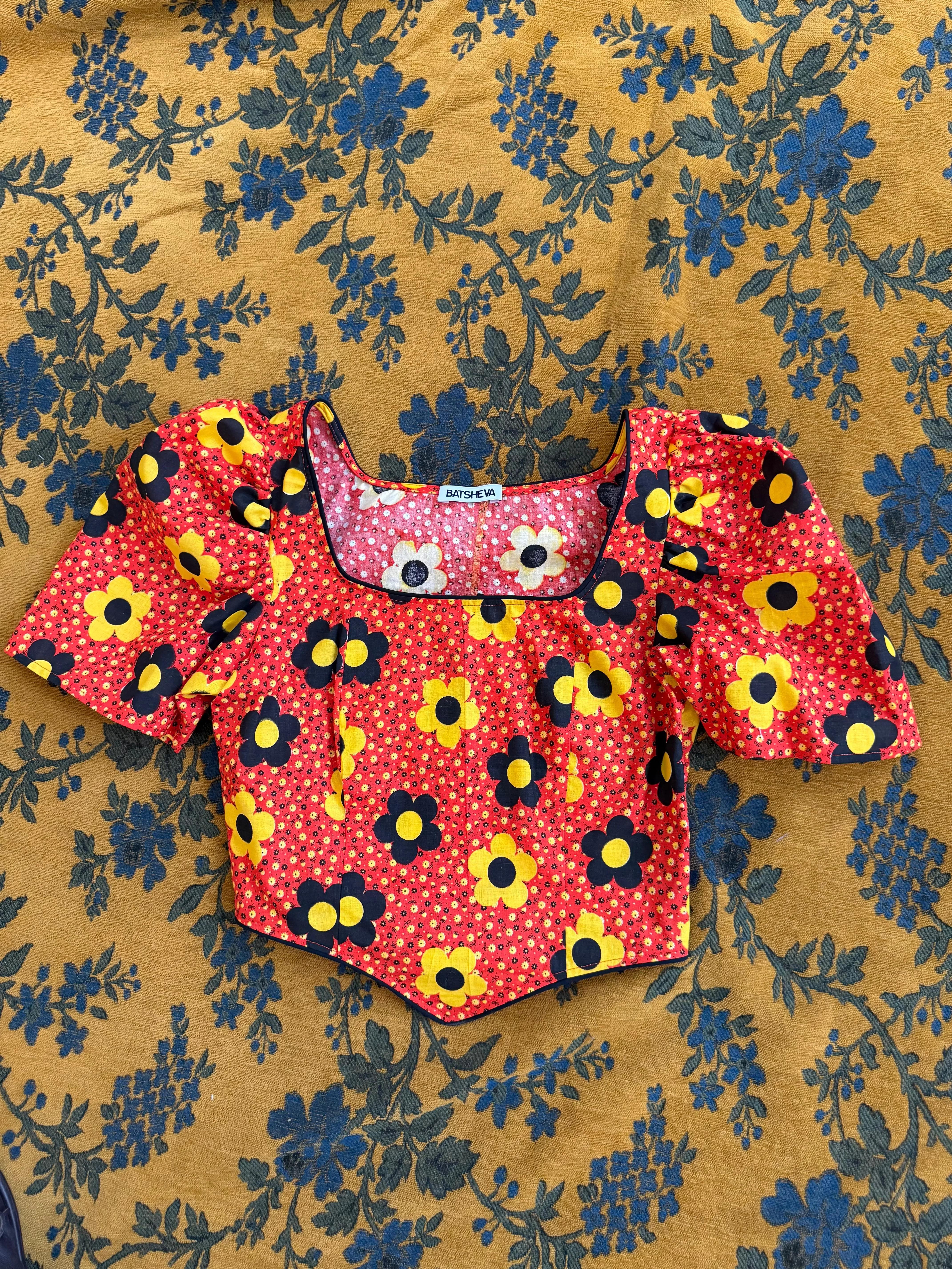 Dirndl Top in Vintage Red, Yellow and Black Flowers sold by Batsheva