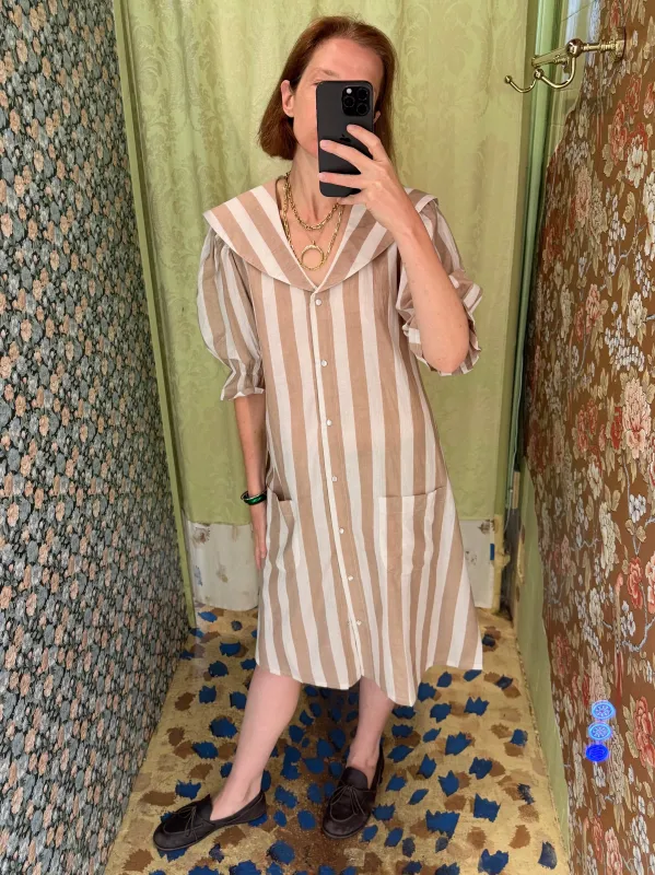 Sailor Snap Housedress in Beige Stripe made by Batsheva