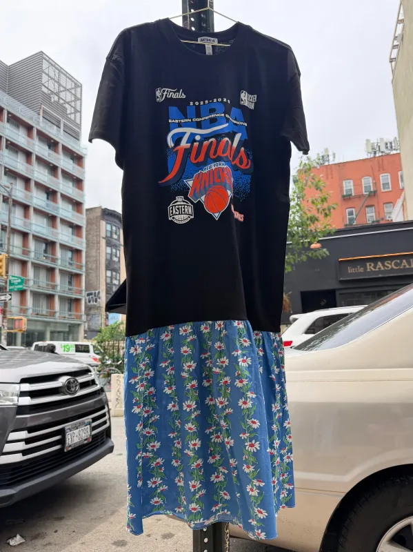 KNICKS T-Shirt Dress in Black with Blue Vintage Skirt made by Batsheva