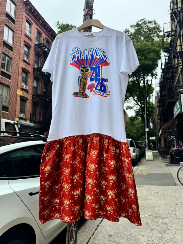 KNICKS White T-Shirt Dress in Burnt Red Floral made by Batsheva
