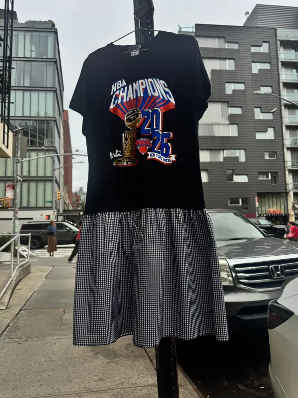 KNICKS NBA Champions T-Shirt Dress in Black Gingham made by Batsheva