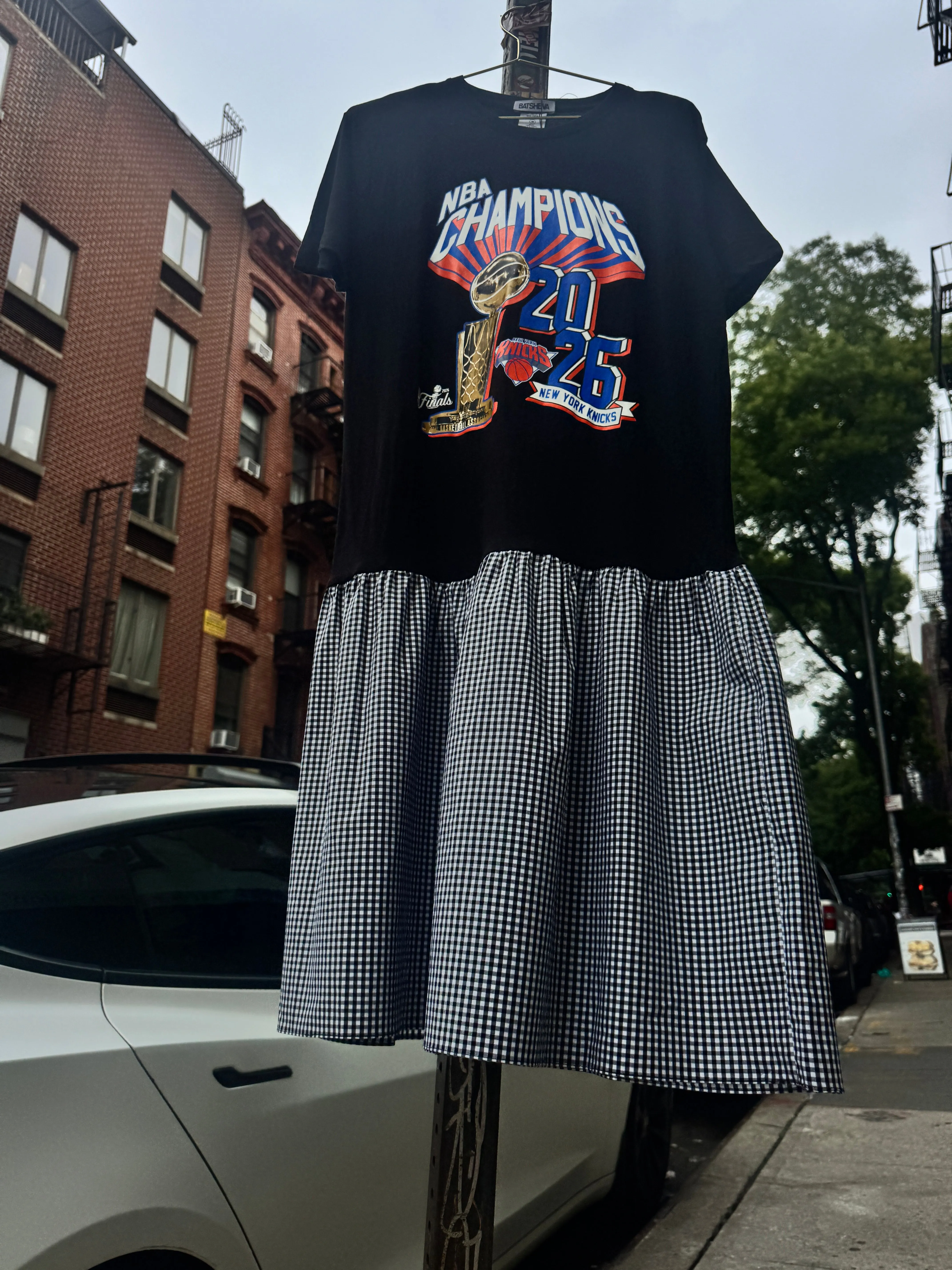 KNICKS NBA Champions T-Shirt Dress in Black Gingham sold by Batsheva product image thumbnail 4