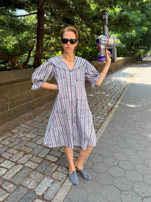 Sailor Snap Housedress in Lavender Vine Stripe made by Batsheva
