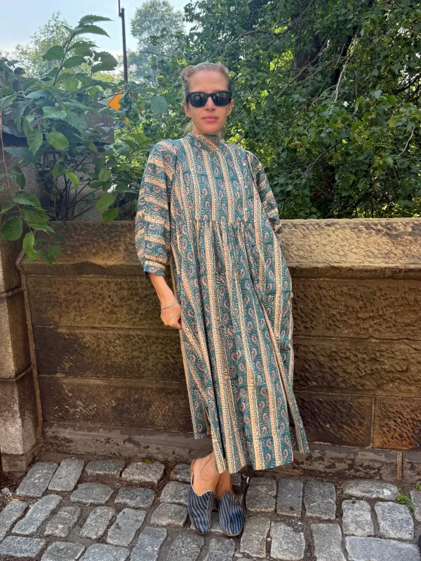 Snap Smock Dress in Teal and Beige Floral made by Batsheva