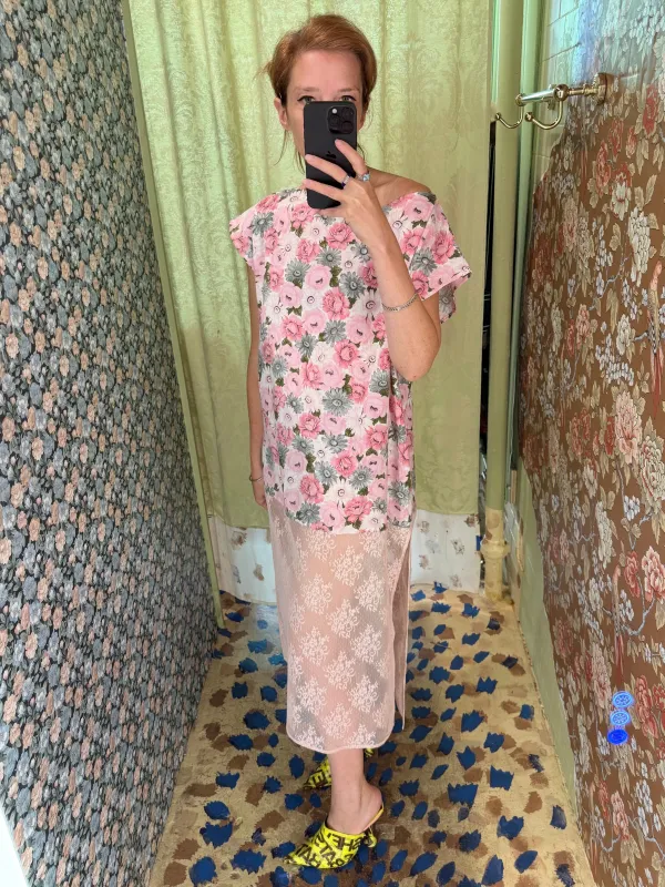 Caftan in Vintage Pink Floral and Lace made by Batsheva