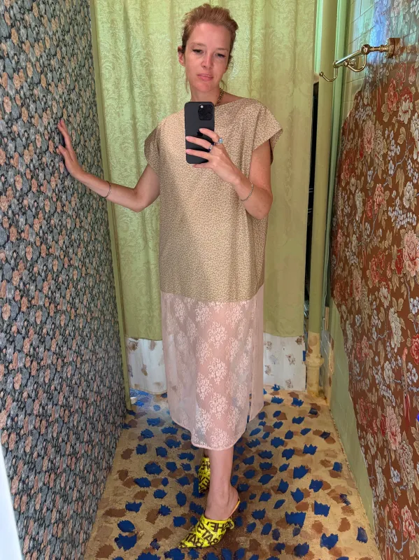 Caftan in Beige with Ditzy Floral and Pink Lace made by Batsheva
