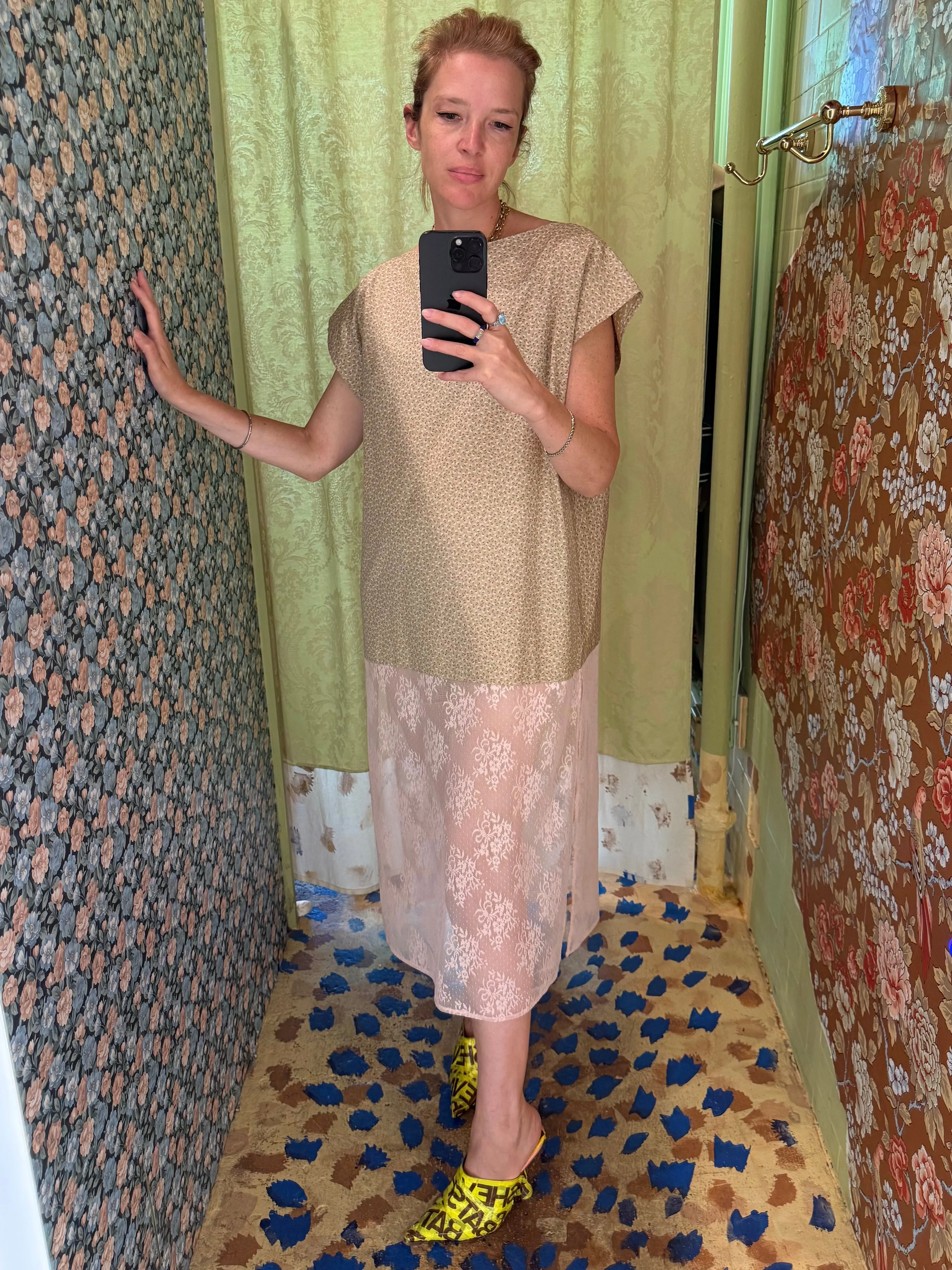 Caftan in Beige with Ditzy Floral and Pink Lace sold by Batsheva