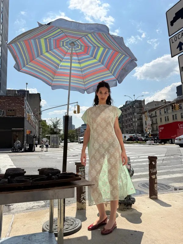 Dancer's Caftan in Mint & Pink Floral and Mint Lace made by Batsheva