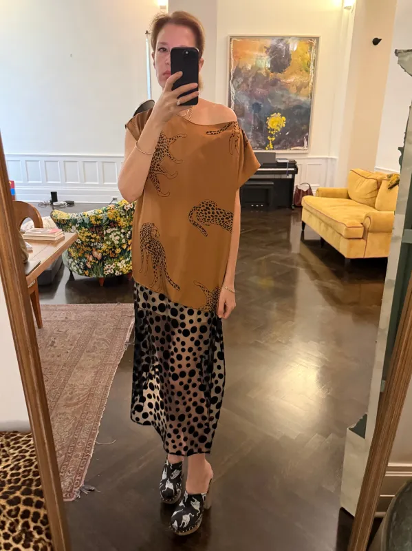 Caftan in Cheetah Silk Charmeuse and Flocked Dots made by Batsheva