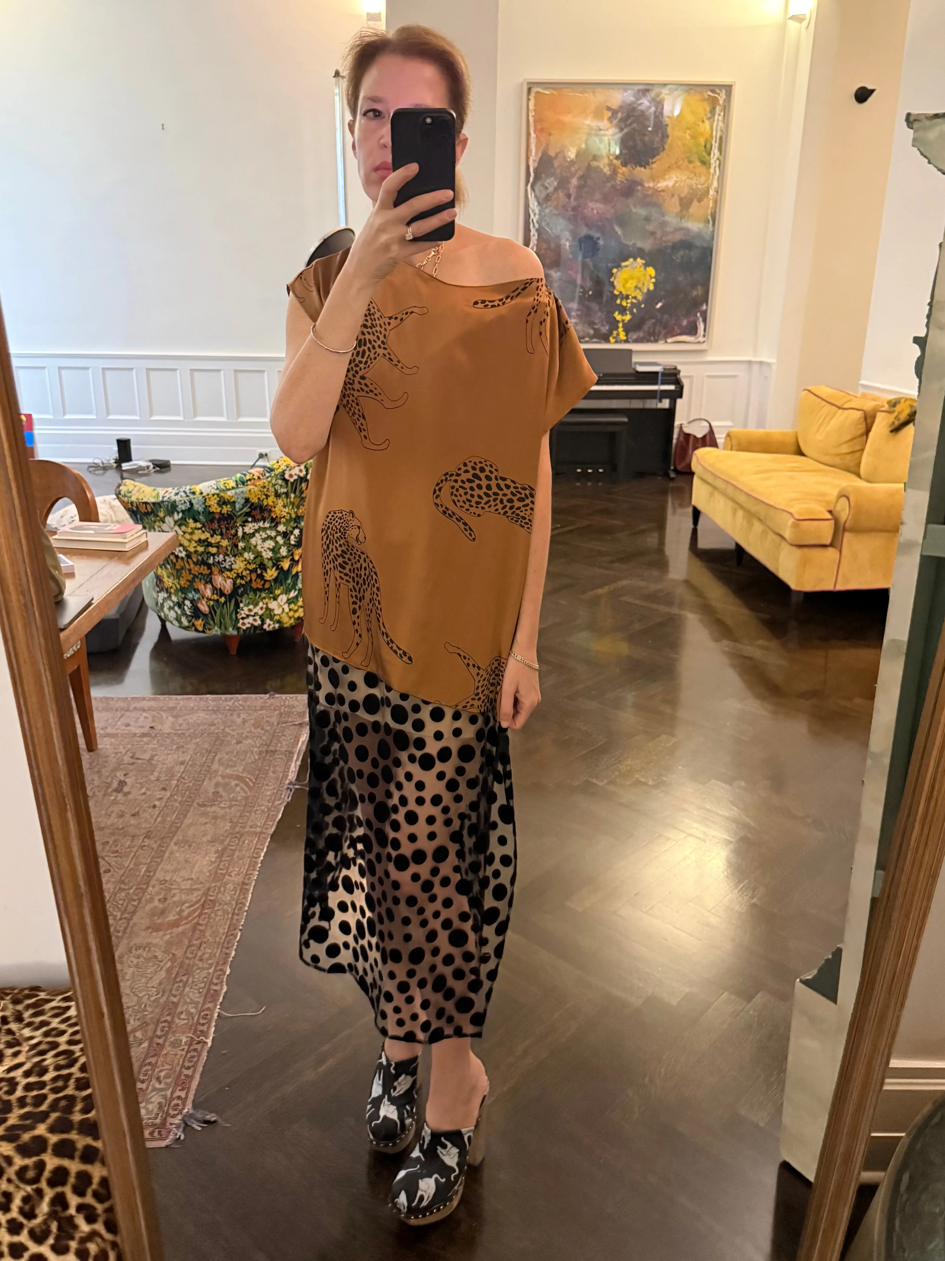 Caftan in Cheetah Silk Charmeuse and Flocked Dots sold by Batsheva