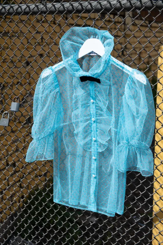 Lou Blouse in Turquoise Flocked Polka Dot sold by Batsheva