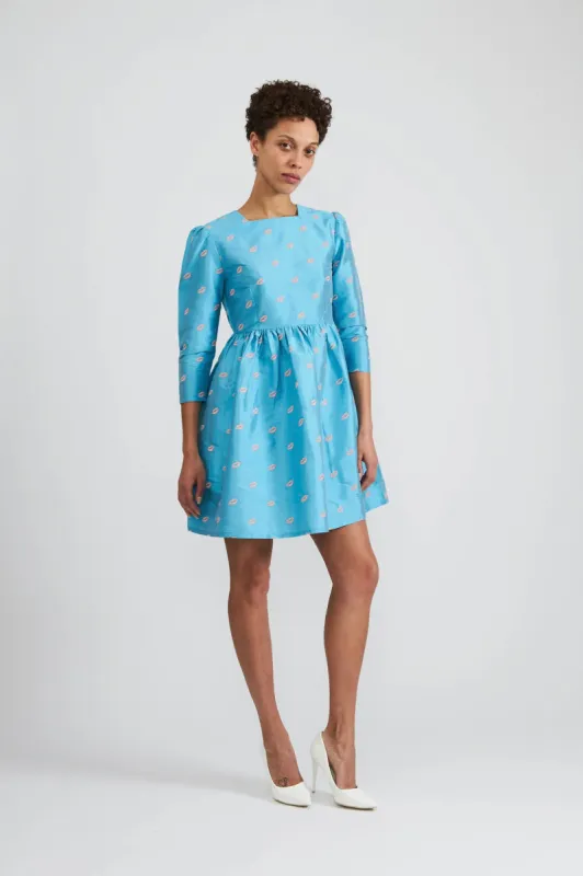 Square Neck Mini Prairie Dress in Turquoise Taffeta with Embroidered Lips made by Batsheva