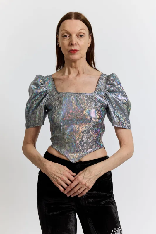 Short Sleeve Dirndl Top in Silver Holographic made by Batsheva