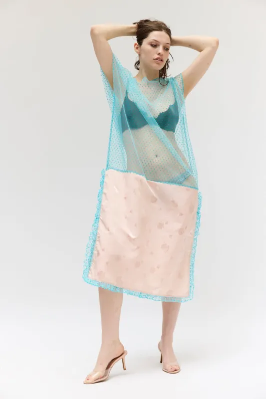 Caftan in Blue Flocked Dot Tulle sold by Batsheva