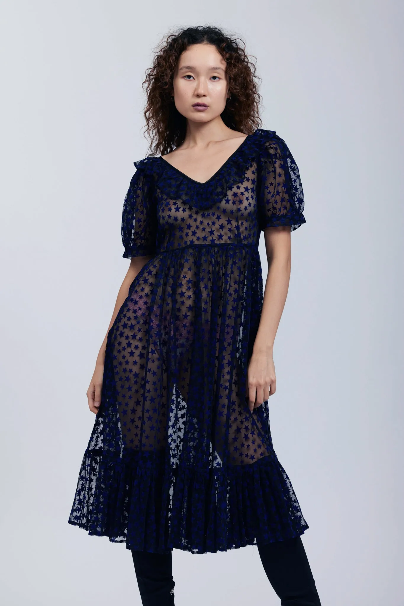 Ruffle May Dress in Midnight Blue Flocked Star sold by Batsheva product image thumbnail 4
