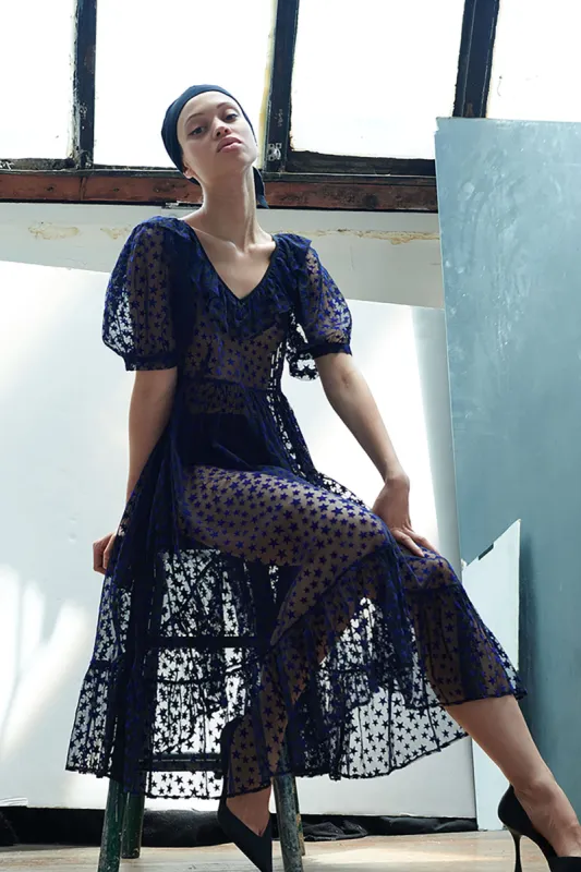 Ruffle May Dress in Midnight Blue Flocked Star made by Batsheva