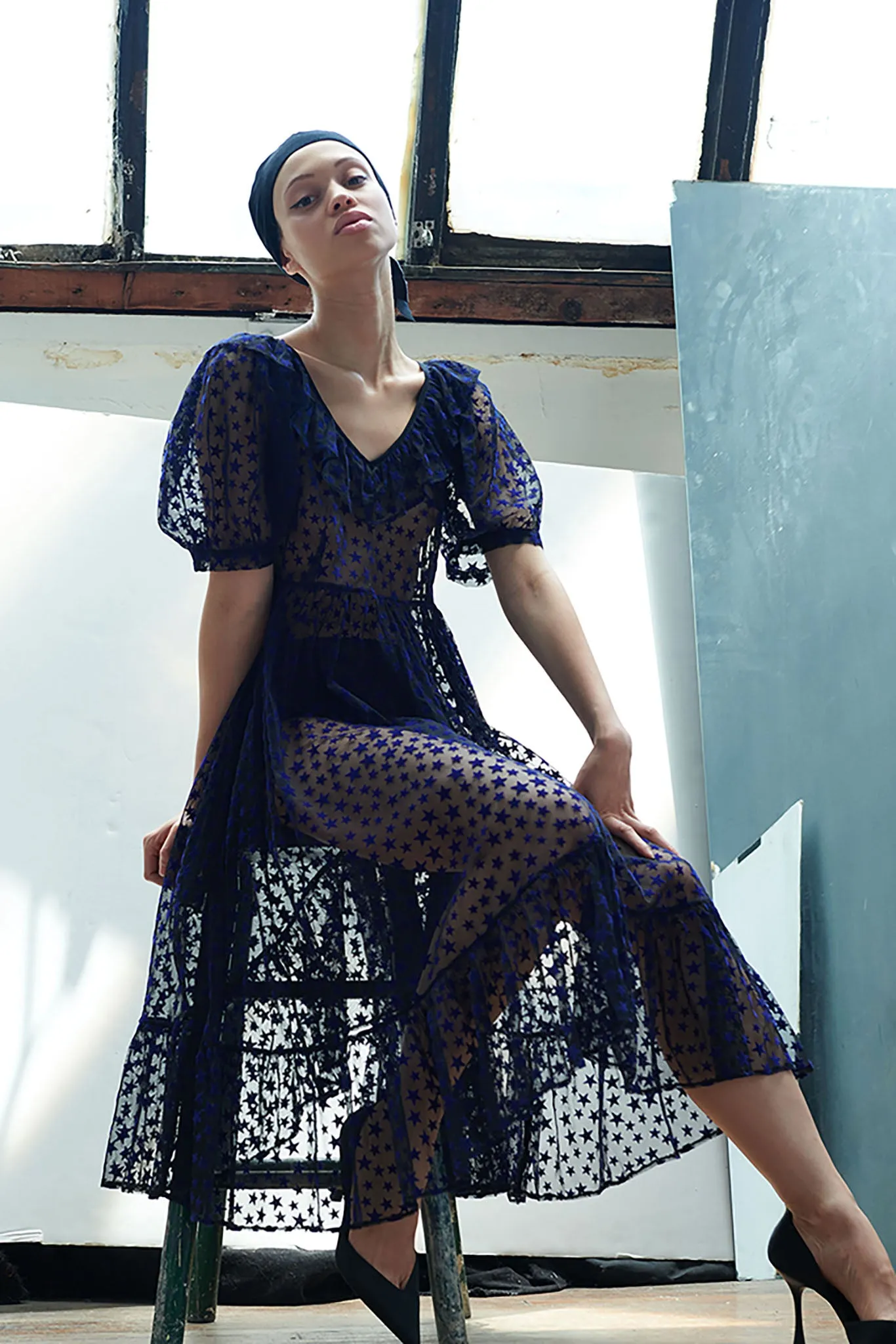 Ruffle May Dress in Midnight Blue Flocked Star sold by Batsheva