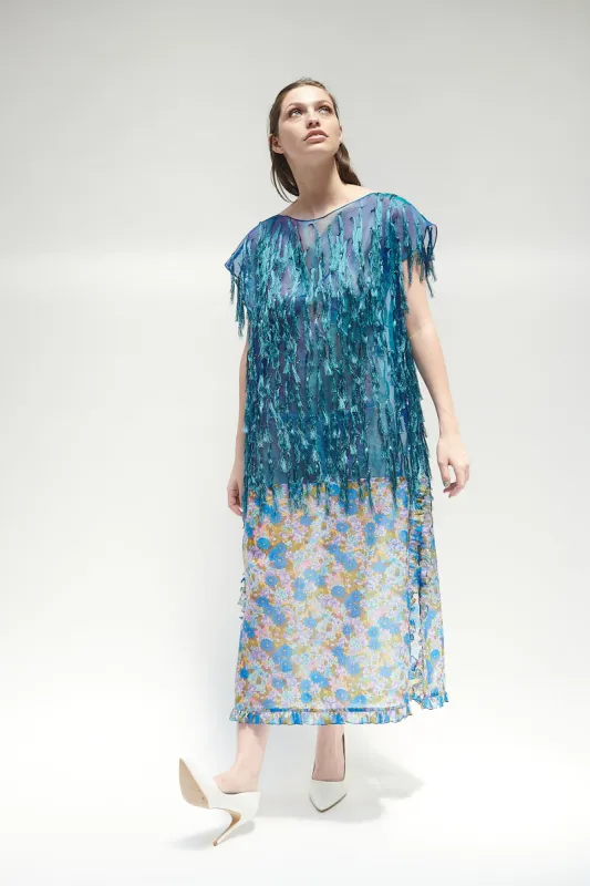 Caftan in Blue Silk Organza with Tassels sold by Batsheva