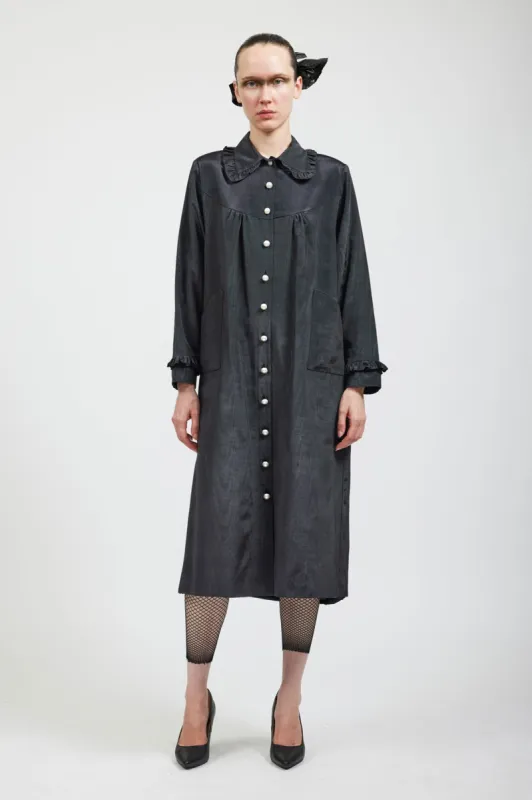 Ruffle Coat in Black Moiré sold by Batsheva