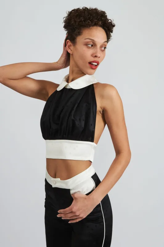 Halter Top in Black Polka Dot Jacquard made by Batsheva