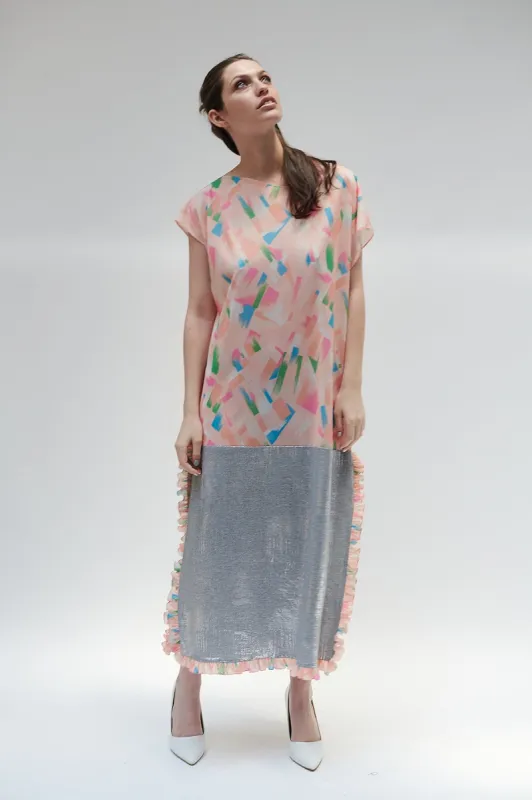 Caftan in Abstract Peach and Silver Jersey made by Batsheva
