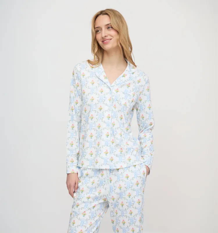 Roller Rabbit x Hill House Long Sleeve Polo Pajamas - Blue Floral Monkey Trellis made by Hill House Home