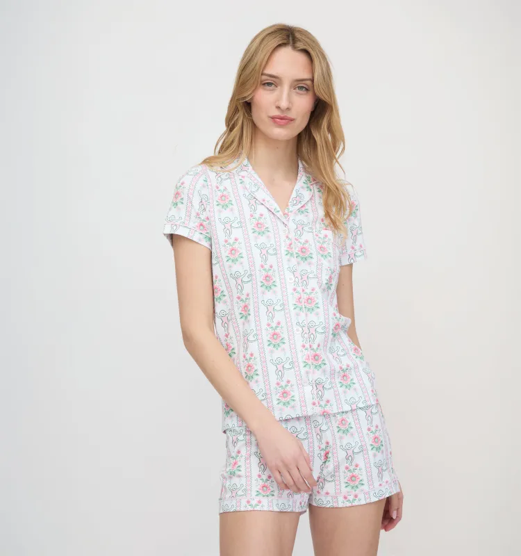 Roller Rabbit x Hill House Polo Pajamas - Pink Monkey Block Stripe made by Hill House Home