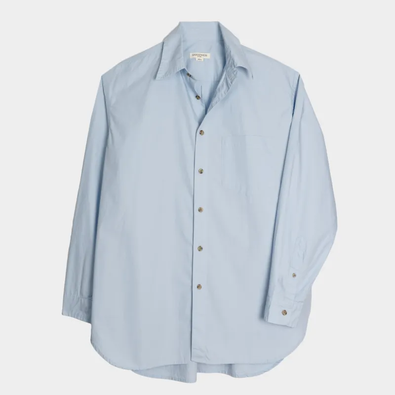 Japanese Typewriter Cotton Gardening Chemise in Oxford Blue sold by Gardenheir