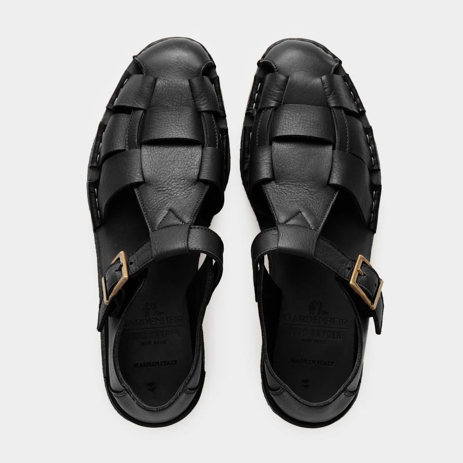 Todd Snyder x Gardenheir Leather Fisherman Sandals in Black sold by Gardenheir