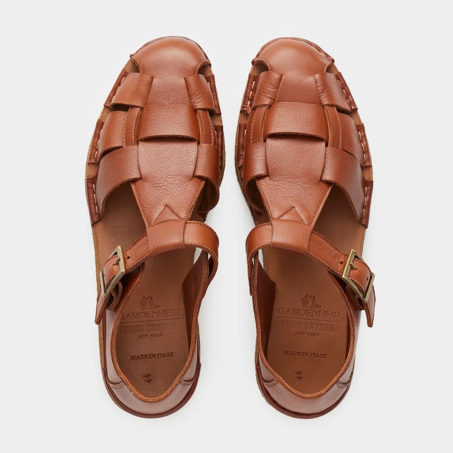 Todd Snyder x Gardenheir Leather Fisherman Sandals in Cognac sold by Gardenheir