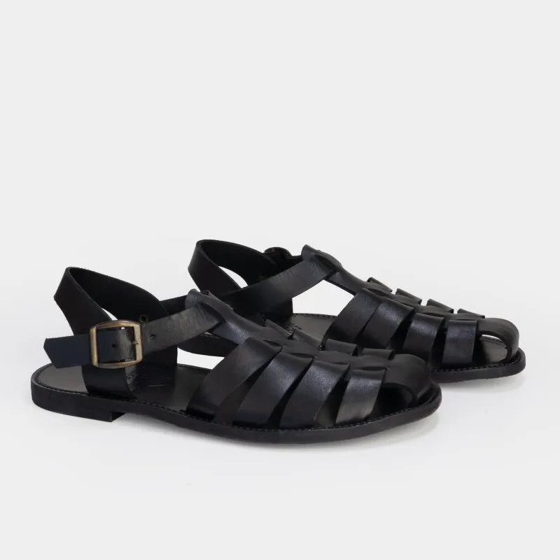 Calfskin Leather Fisherman Sandals in Black sold by Gardenheir