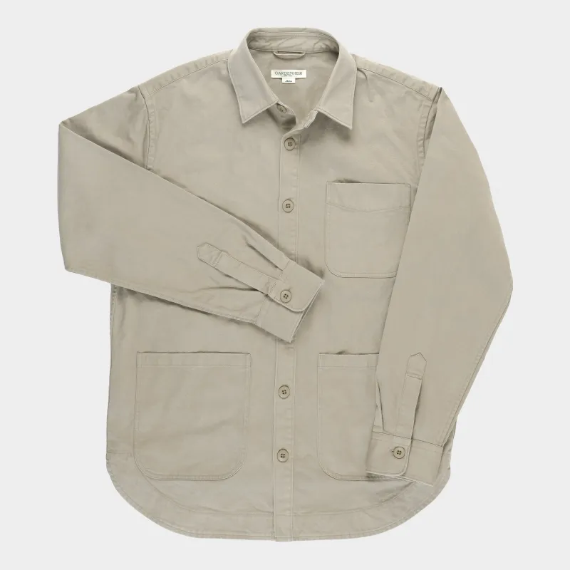 Organic Cotton Moleskin Chore Shirt in Stonewashed Khaki sold by Gardenheir