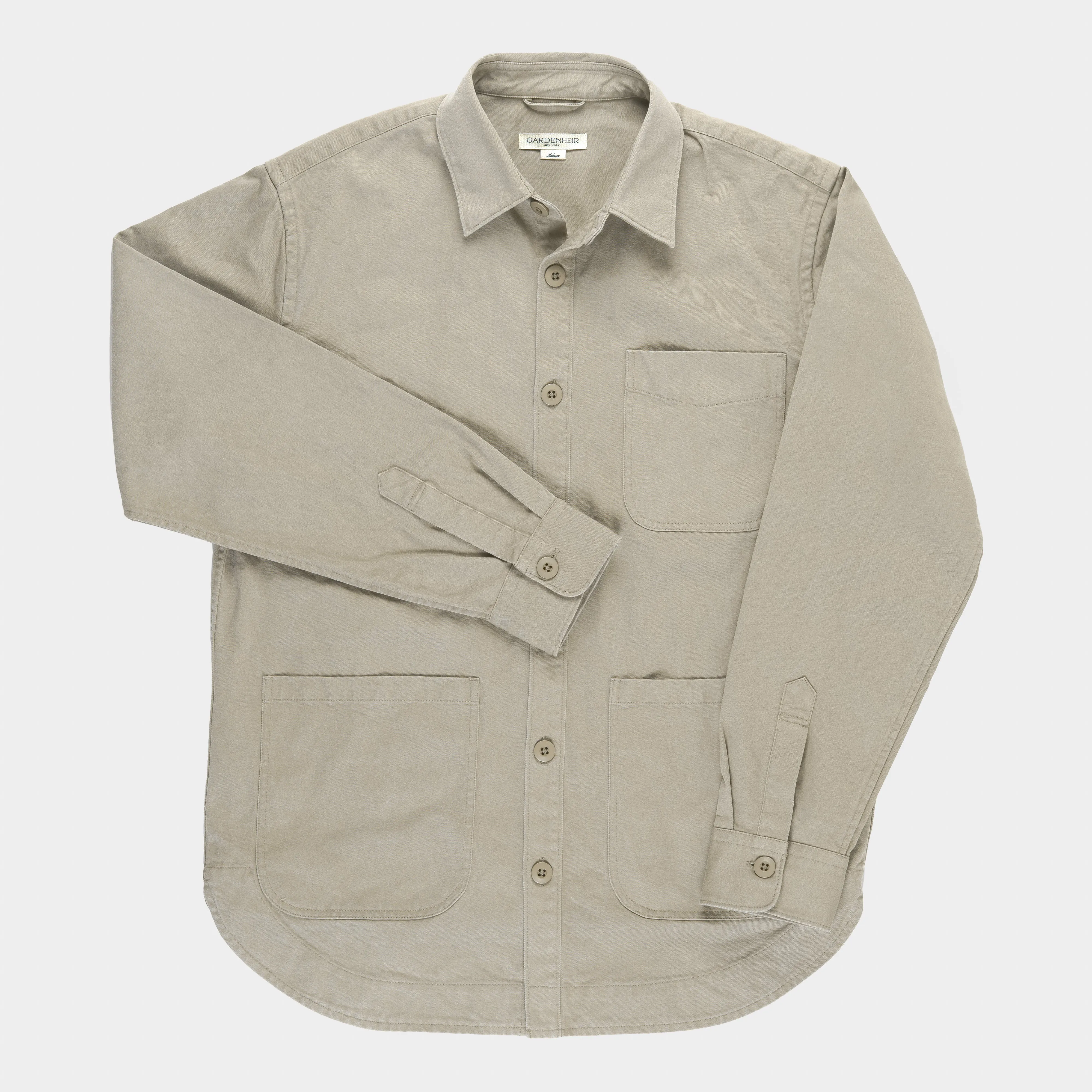 Organic Cotton Moleskin Chore Shirt in Stonewashed Khaki sold by Gardenheir